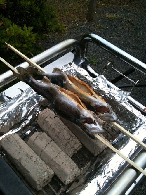 釣ったマスを焼いて・・・